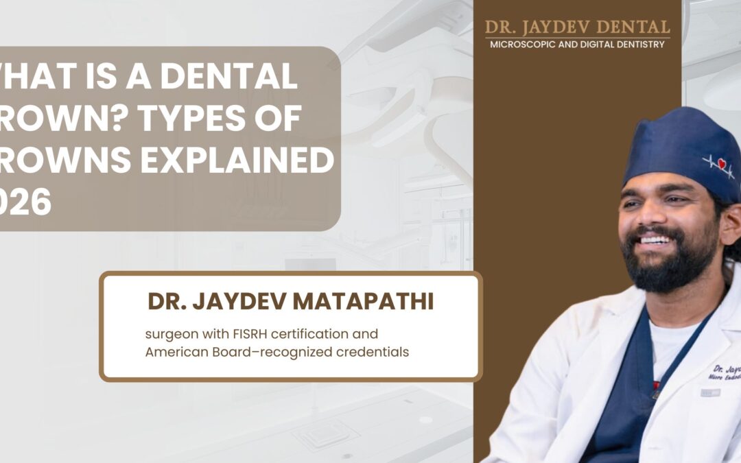 Banner for a dental article about crowns, showing a doctor on the right and large text: 'WHAT IS A DENTAL CROWN? TYPES OF CROWNS EXPLAINED 2026'