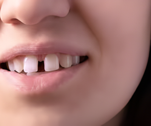 Close-up of a smiling mouth showing two missing upper front teeth and a gap.