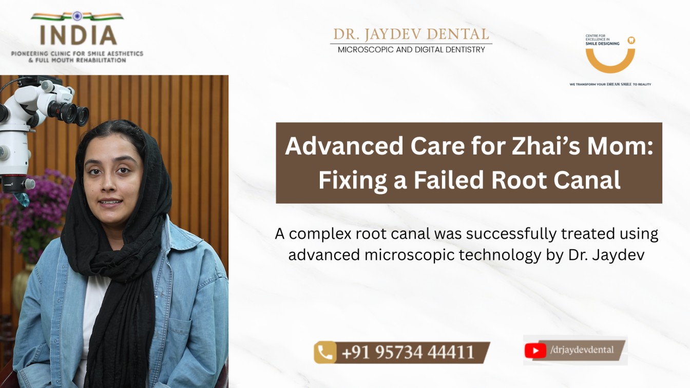 Banner promoting advanced root canal care: a woman in a hijab sits in a dental clinic on the left, article headline on the right.