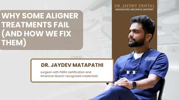 Slide title: 'Why some aligner treatments fail (and how we fix them)' with Dr. Jaydev Matapathi portrait on the right.