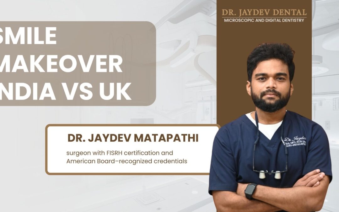 Banner promoting a 'Smile Makeover India vs UK' with Dr. Jaydev Matapathi, a dentist, in scrubs beside branding lettering on a beige backdrop.