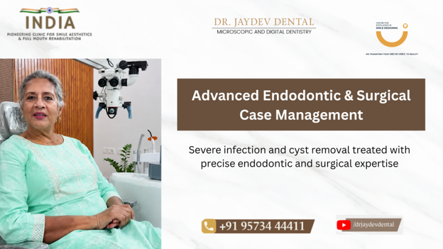 Banner featuring an elderly patient in a dental chair beside a surgical microscope, with the title 'Advanced Endodontic & Surgical Case Management' on the right.