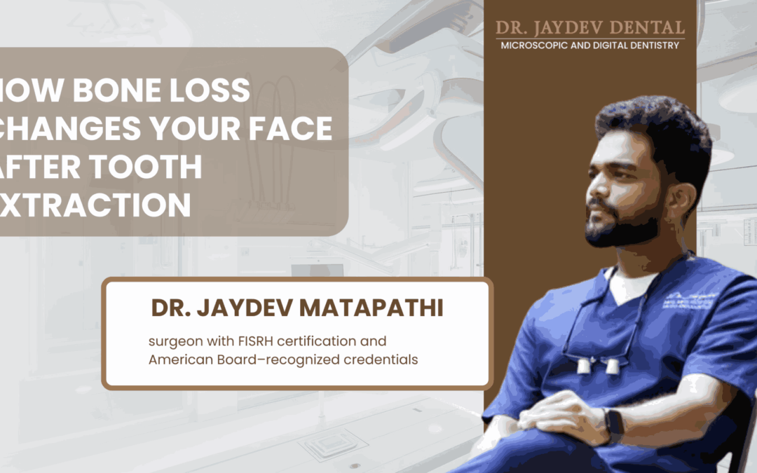 Banner for a dental article about how bone loss after tooth extraction changes the face; features a dentist on the right.