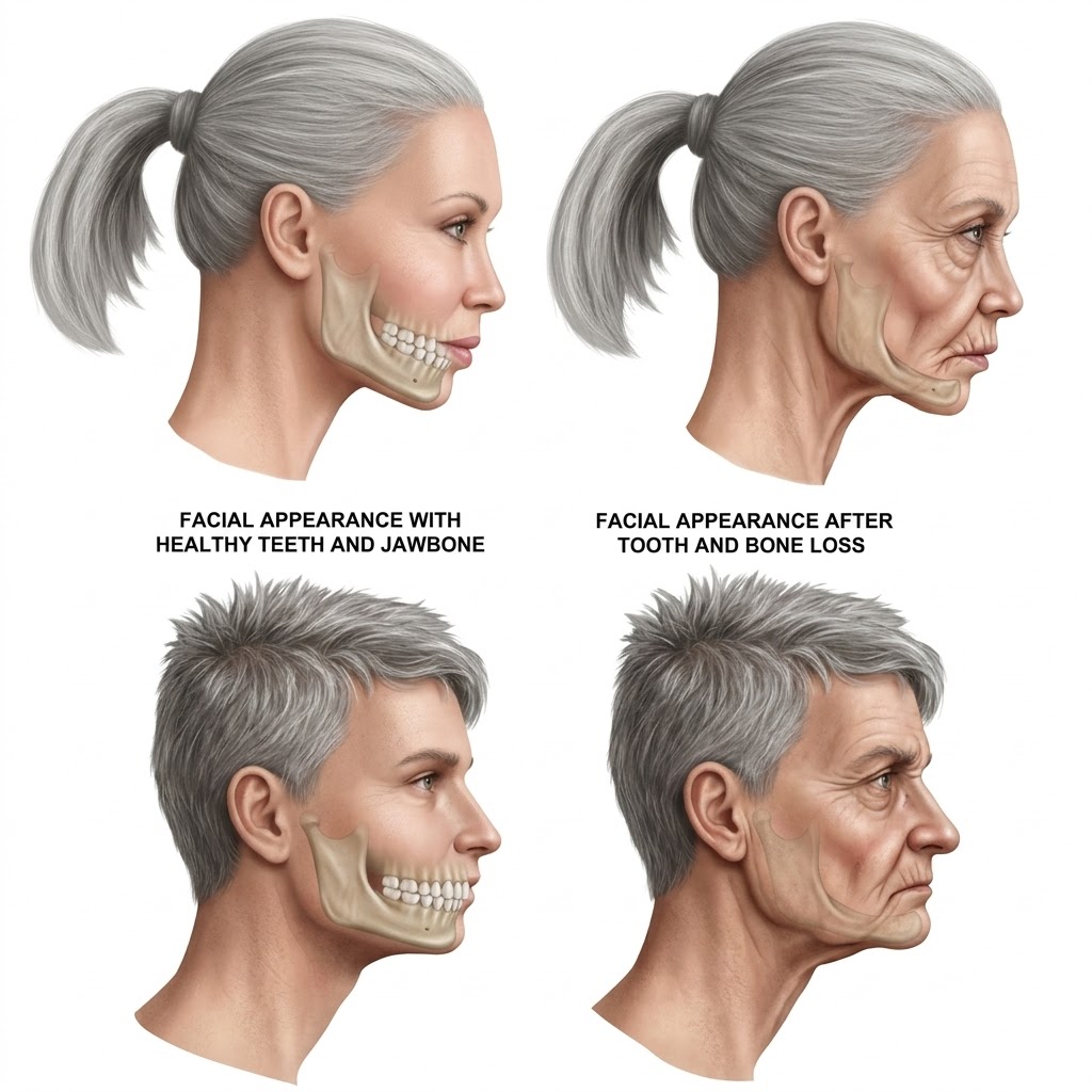 Profile view of a woman with healthy teeth and jawbone (left); side view. Top-right shows the same woman after tooth and bone loss.",