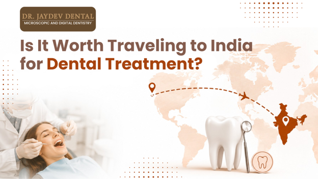 Banner promoting dental travel to India, showing a patient at the dentist, a world map with a travel route and airplane, and the headline 'Is It Worth Traveling to India for Dental Treatment?'