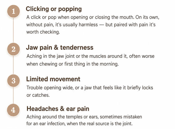 Picture2 | Jaydev Dental Infographic listing four jaw-related symptoms: 1) clicking or popping; 2) jaw pain and tenderness; 3) limited movement; 4) headaches and ear pain (TMJ symptoms).