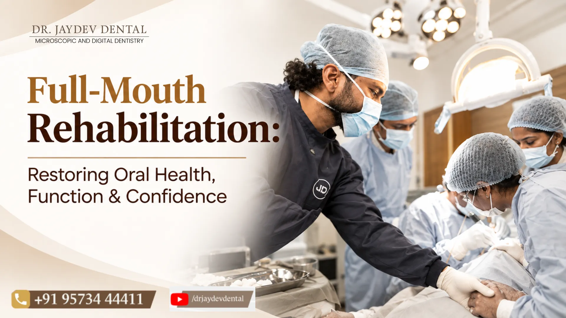 Dr jaydev case study 2 | Jaydev Dental Dental surgeons in masks and caps perform a full-mouth rehabilitation procedure in a clinic banner.