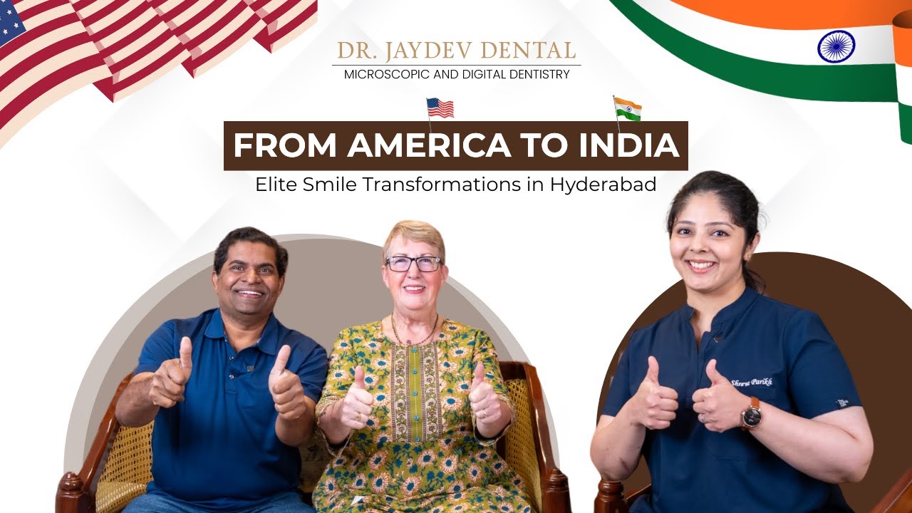 Dental clinic banner with three people giving thumbs up, USA and India flags, and the title 'From America to India'